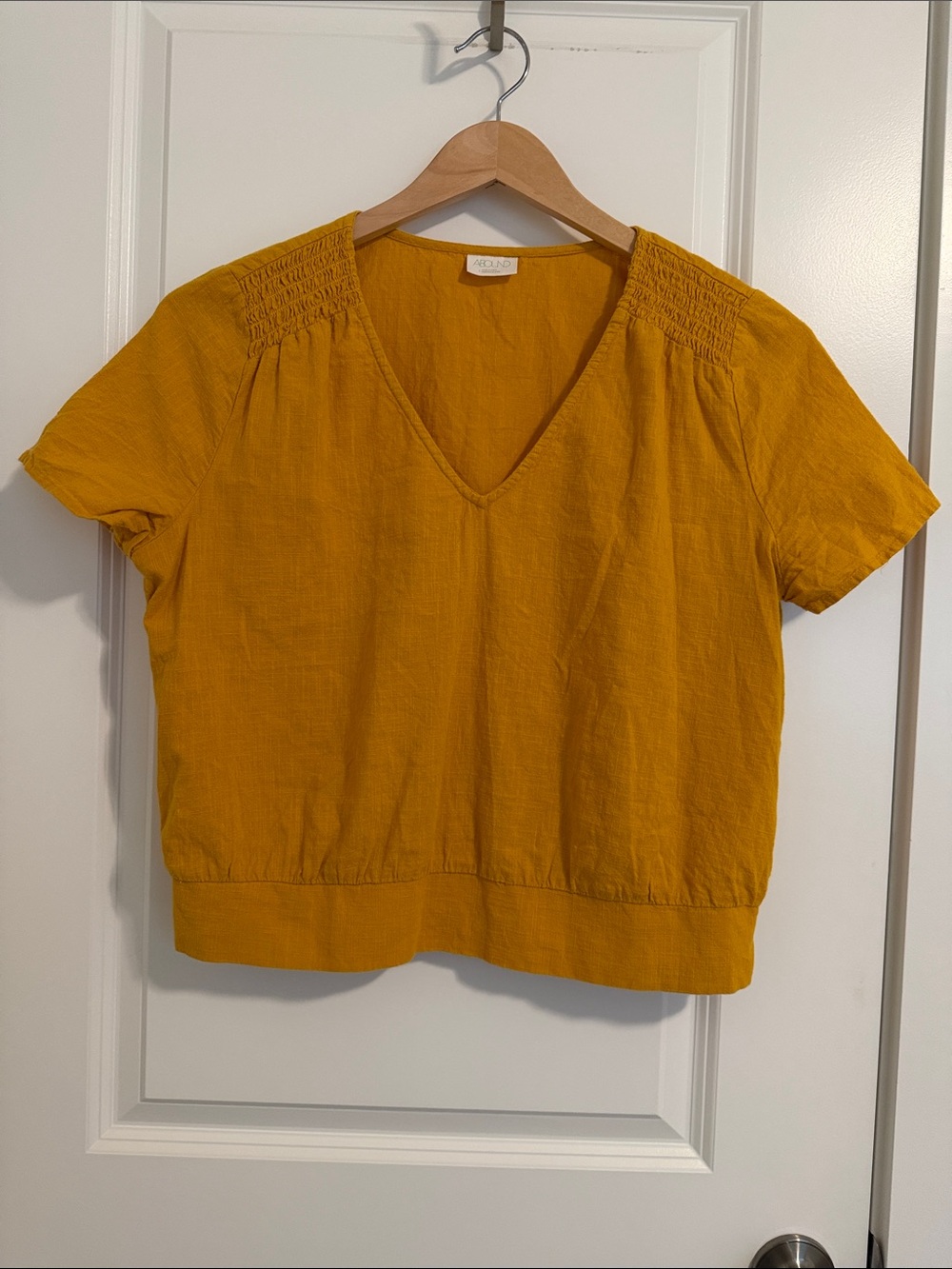acacia swimwear Mustard V-Neck Short Sleeve Top with Smocked Shoulders